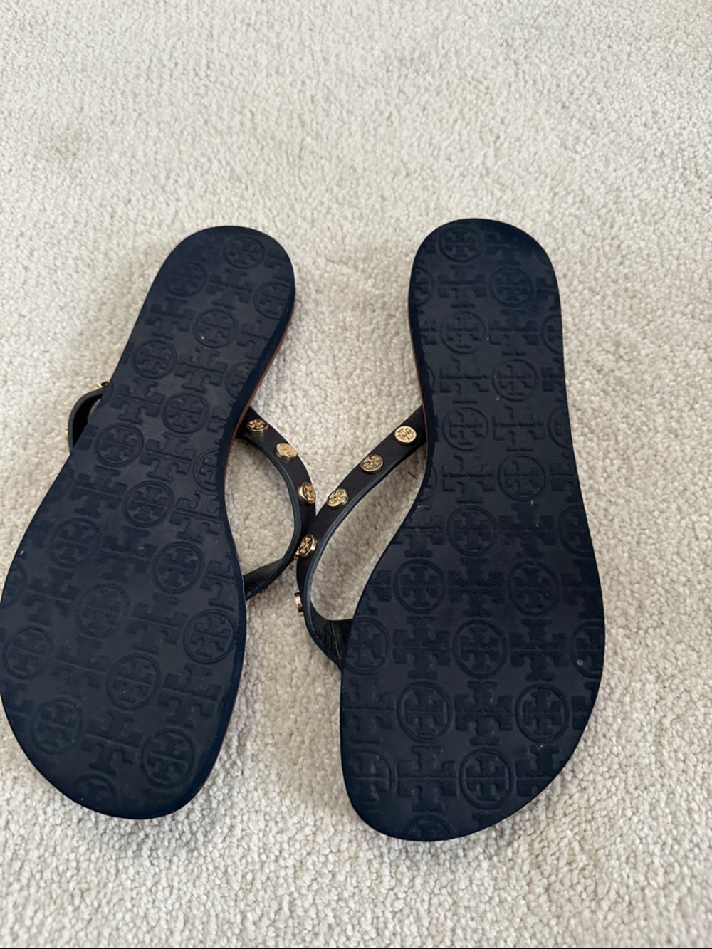 Tory Burch Black Studded Thong Sandals with Tan Footbed - Picture 4 of 5